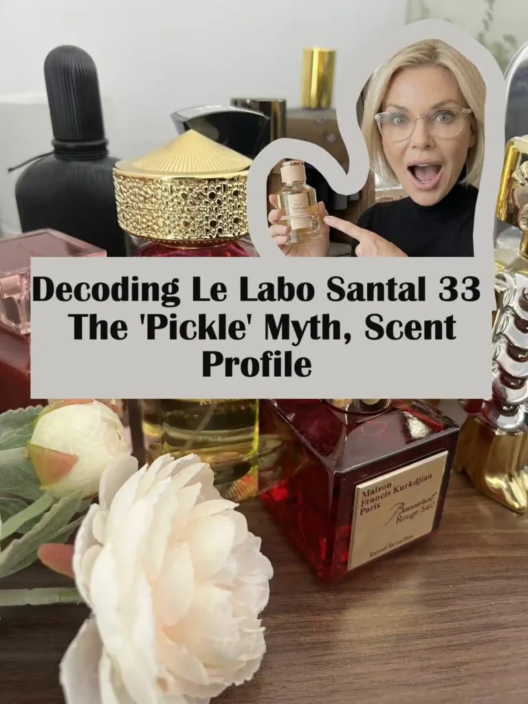 A woman taking a selfie while reviewing a woody sandalwood perfume, discussing the Le Labo Santal 33 scent profile and performance.