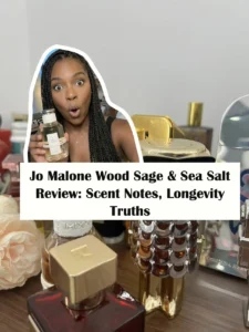 A smiling customer holding and recommending a bottle of Wood Sage and Sea Salt fragrance, showcasing the popular long-lasting unisex coastal perfume.