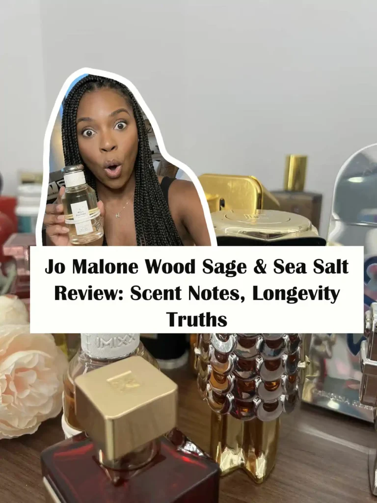 A smiling customer holding and recommending a bottle of Wood Sage and Sea Salt fragrance, showcasing the popular long-lasting unisex coastal perfume.