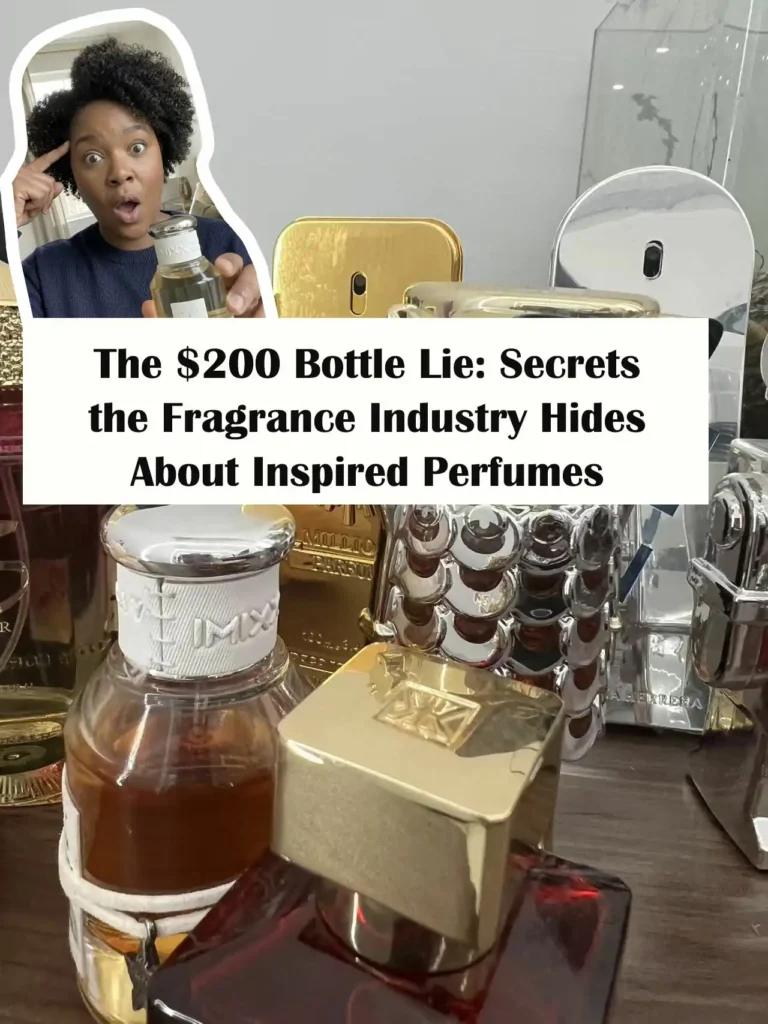 A satisfied customer smiling and holding a bottle of high-quality inspired perfume, recommending it as a smart, long-lasting designer fragrance alternative.