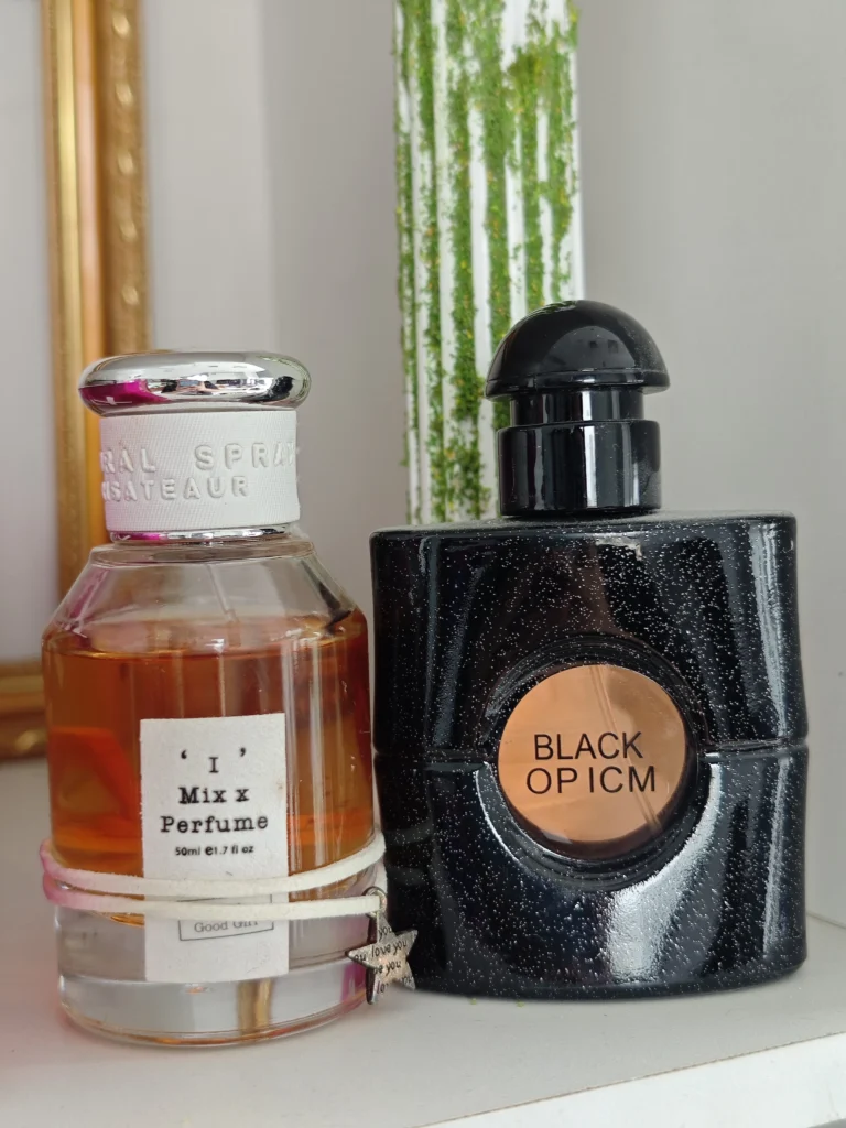 Side-by-side comparison of a luxury YSL Black Opium bottle and a high-quality, long-lasting perfume dupe with coffee and vanilla notes.