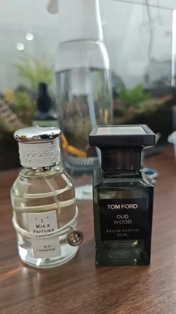 How to Smell Like a Millionaire in the USA: The Ultimate Tom Ford Oud Wood Men Review & Supply Chain Secret 9 A side-by-side comparison of the luxury fragrance Tom Ford Oud Wood Men bottle (dark glass) and the cost-effective alternative imixx perfume No. 48 in its minimalist bottle