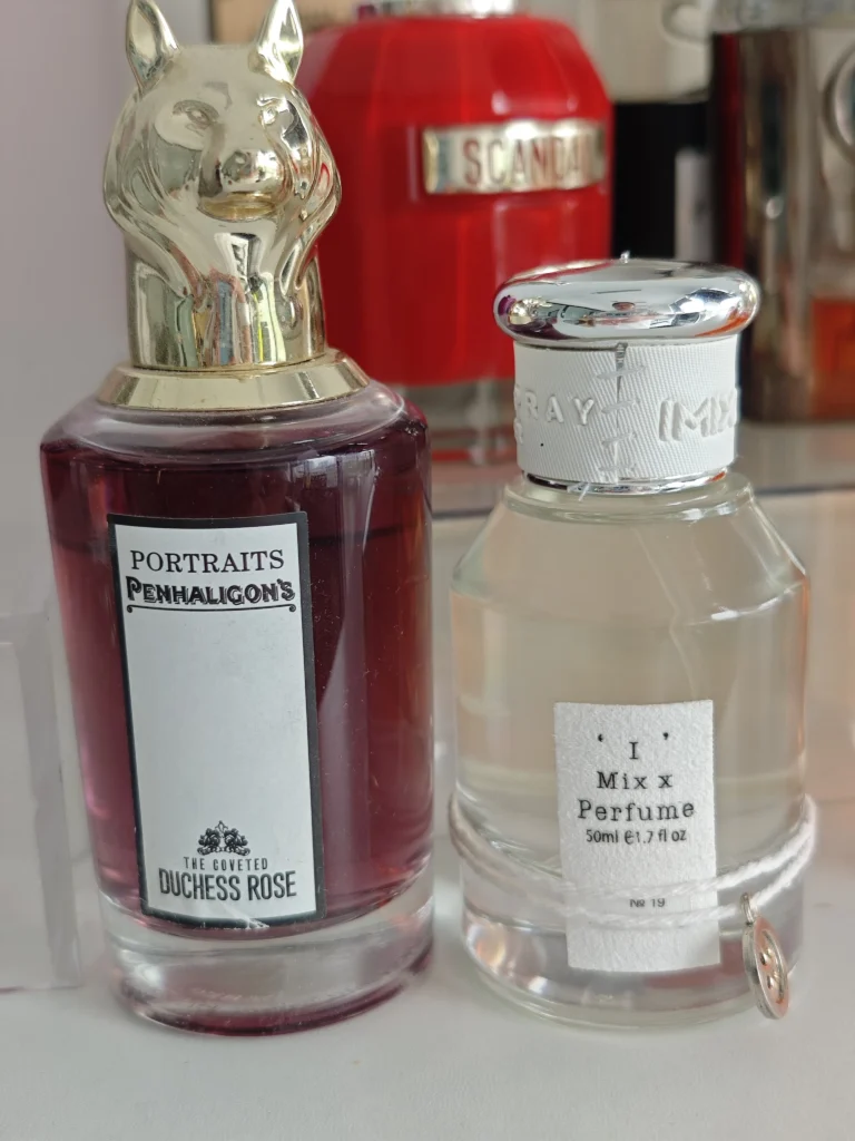 Side-by-side comparison of Penhaligon's The Coveted Duchess Rose and a high-quality, long-lasting musky rose perfume dupe.