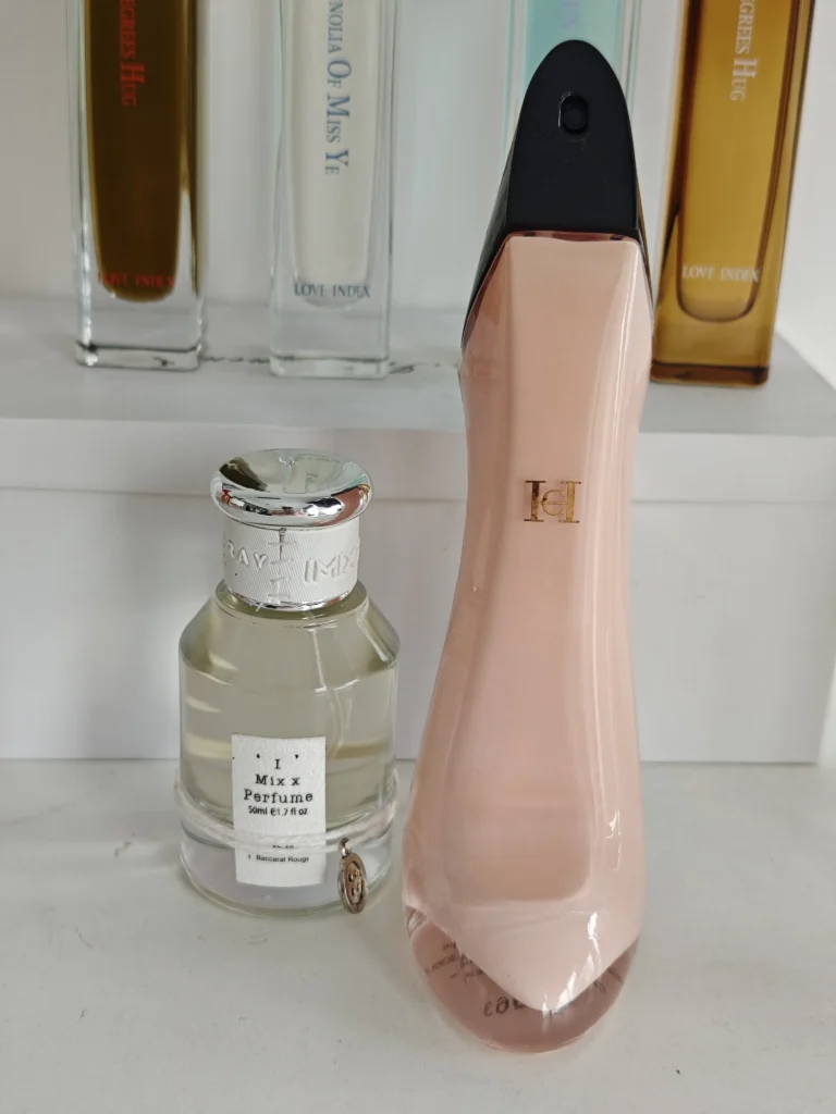 Side-by-side comparison of Carolina Herrera Good Girl stiletto perfume and an affordable factory direct alternative