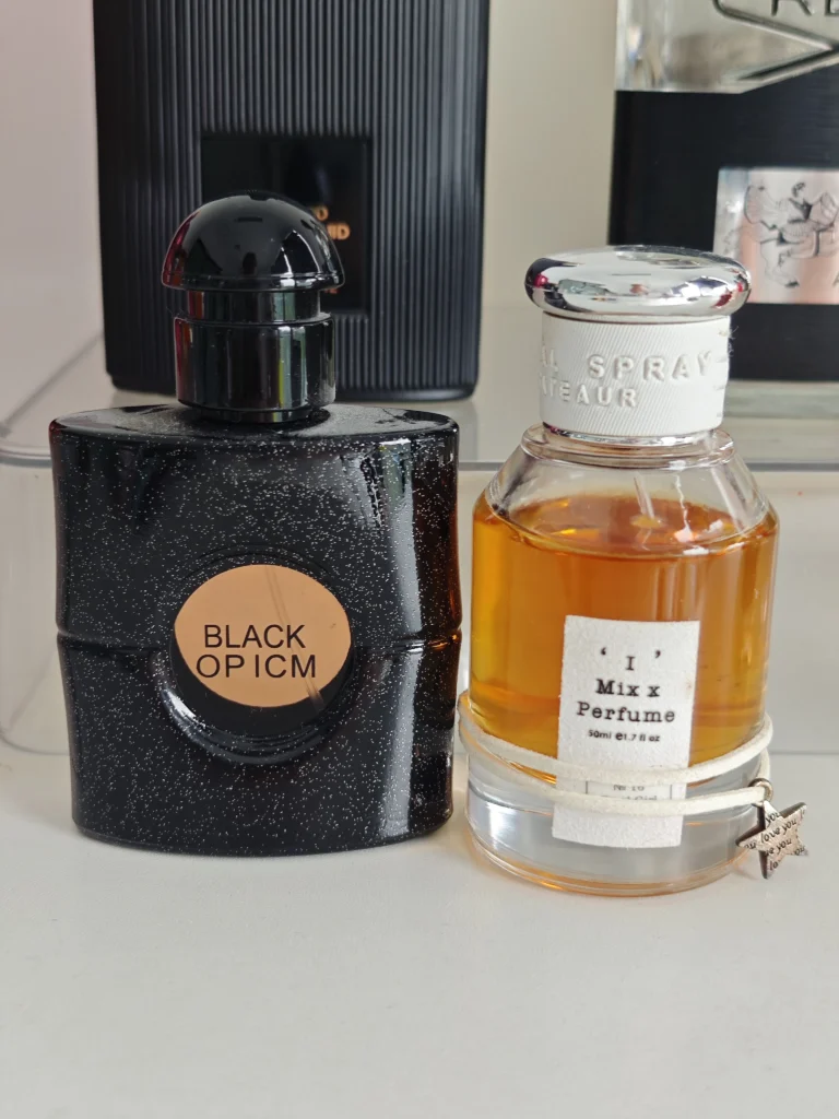 Side-by-side comparison of a luxury designer perfume bottle and an affordable factory-direct YSL Black Opium dupe alternative.