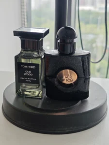 Visual breakdown showing a designer perfume and a high-quality dupe with similar fragrance oil concentrations but different retail prices.