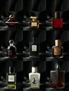 Laboratory formulation comparison showing a high-concentration perfume dupe next to a traditional high-end designer fragrance bottle.