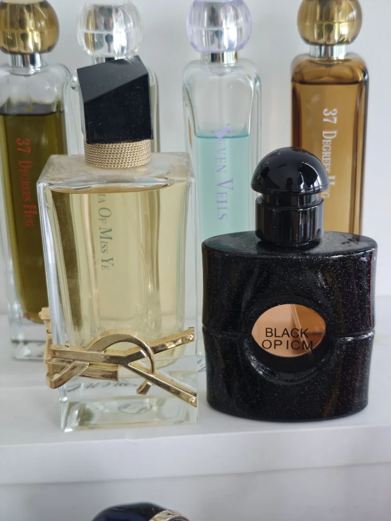 Side-by-side comparison of a $150 luxury designer perfume bottle and a high-concentration coffee vanilla perfume alternative.