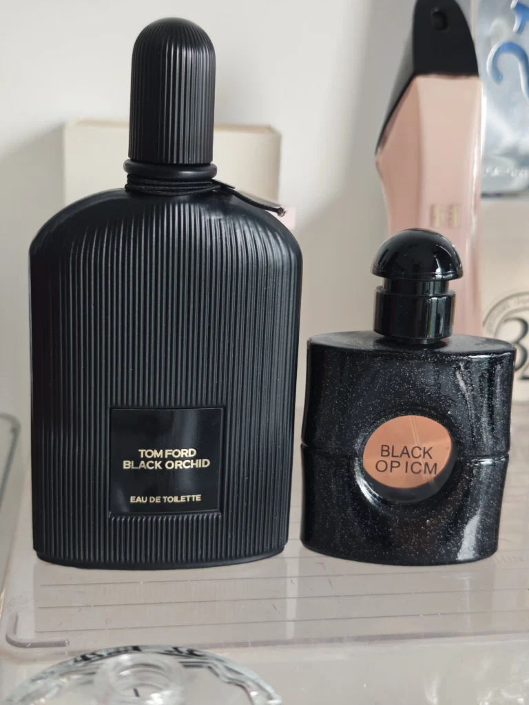 Side-by-side visual comparison of an expensive designer fragrance and a high-quality YSL Black Opium dupe bottle.