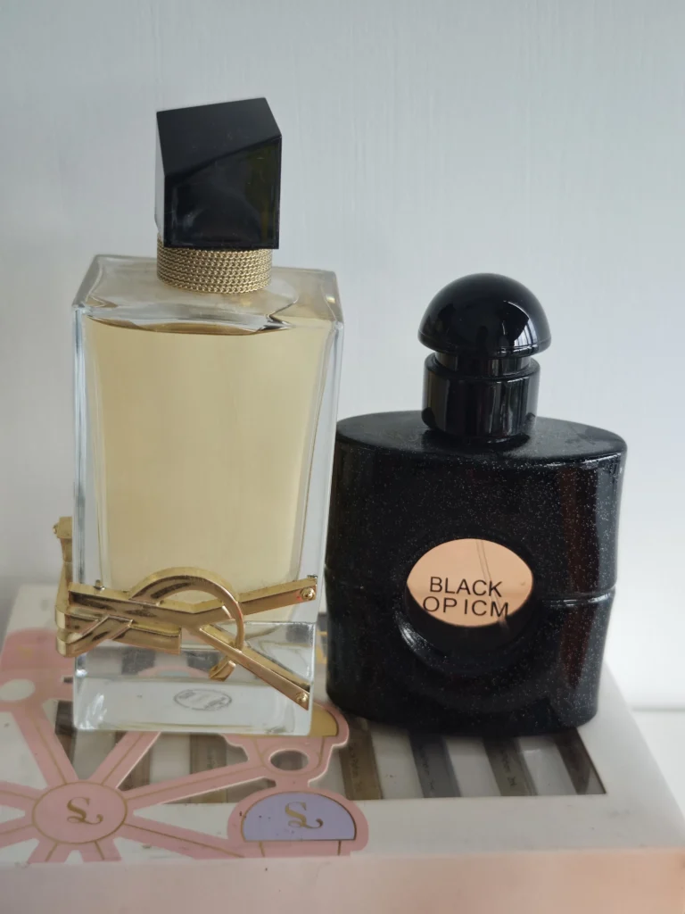 Side-by-side visual comparison of a high-end YSL Libre designer perfume bottle and a minimalist, factory-direct Eau de Parfum alternative.